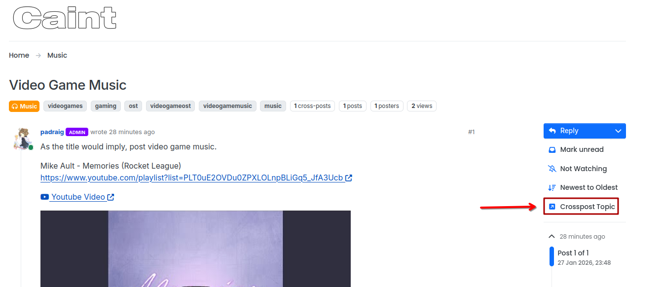 A screenshot of the 'Video Game Music' thread with an arrow pointing to the 'Crosspost Topic' option that has a red box around it. 67a375b5-8d25-4fbe-9c3f-a102c4b43222-image.png